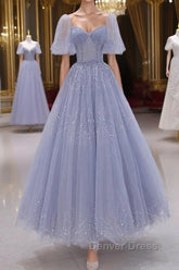 A-Line Long sleeves Beading Gray Blue Long Prom Dresses, Gray Blue Formal Dresses